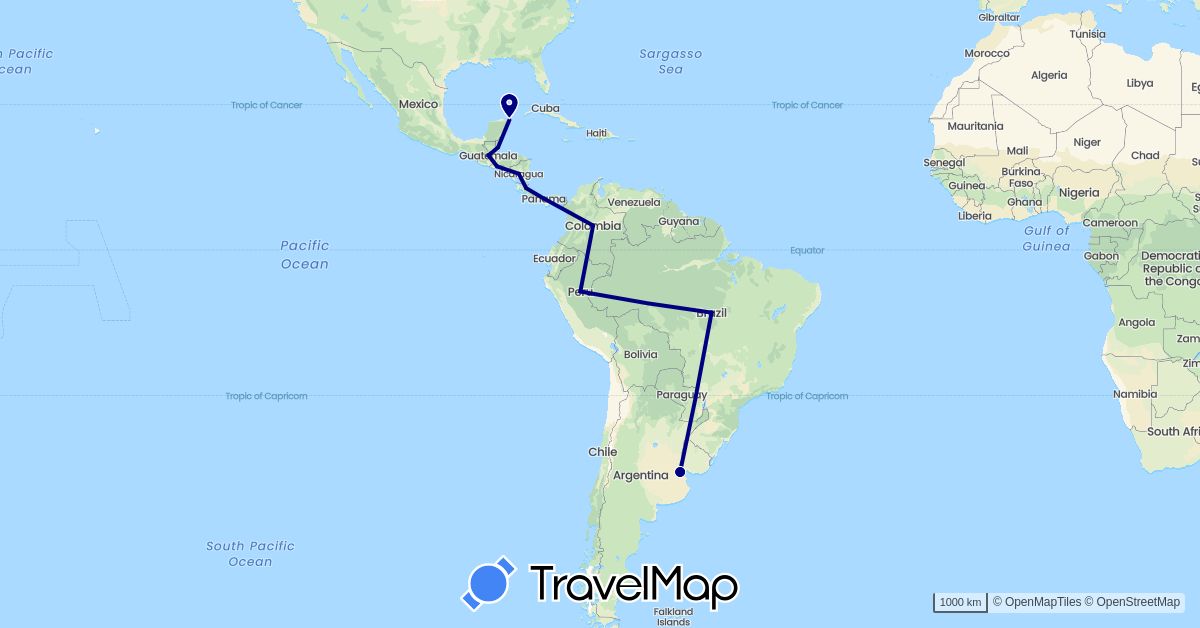 TravelMap itinerary: driving in Argentina, Brazil, Belize, Colombia, Costa Rica, Guatemala, Mexico, Nicaragua, Panama, Peru, El Salvador (North America, South America)